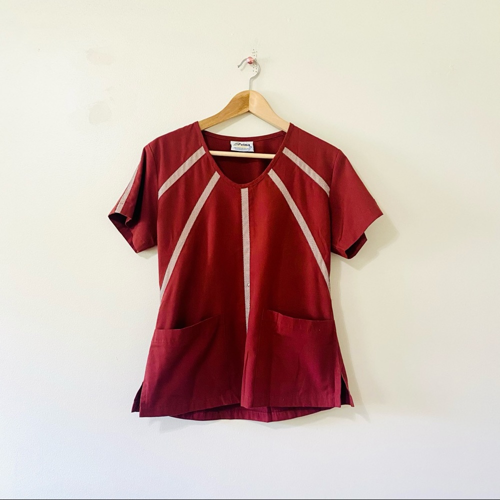 Vintage 70s burgundy short sleeve mesh panel top XS